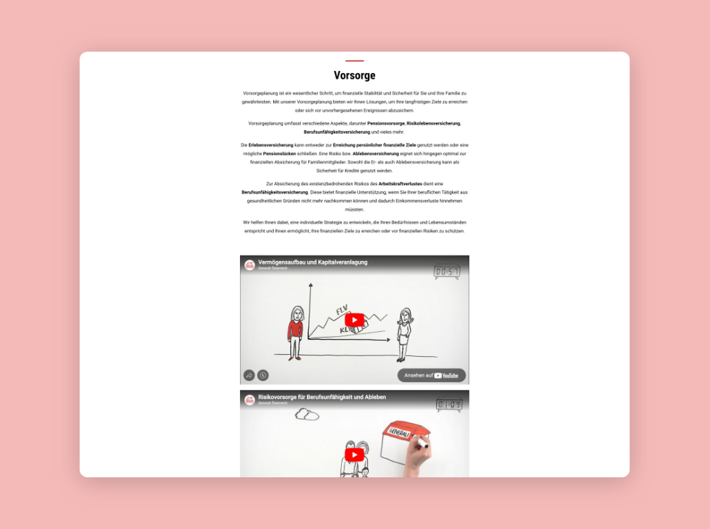 Desktop-Screenshot zum Thema Vorsorge mit eingebundenen Videos.