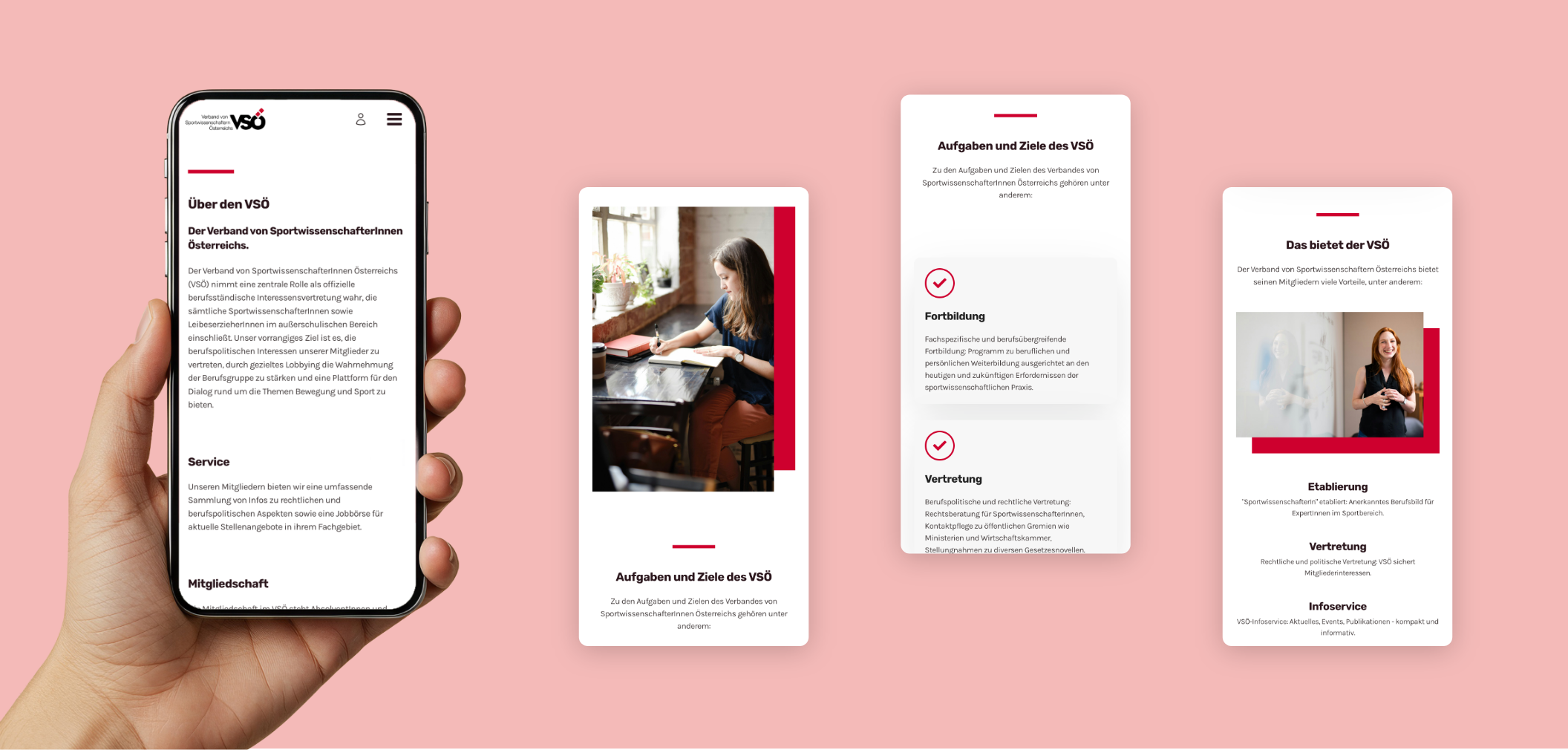 Vier Smartphone-Screens der Startseite mit Vorteilen und Bildern des VSÖ – Sportwissenschaft.