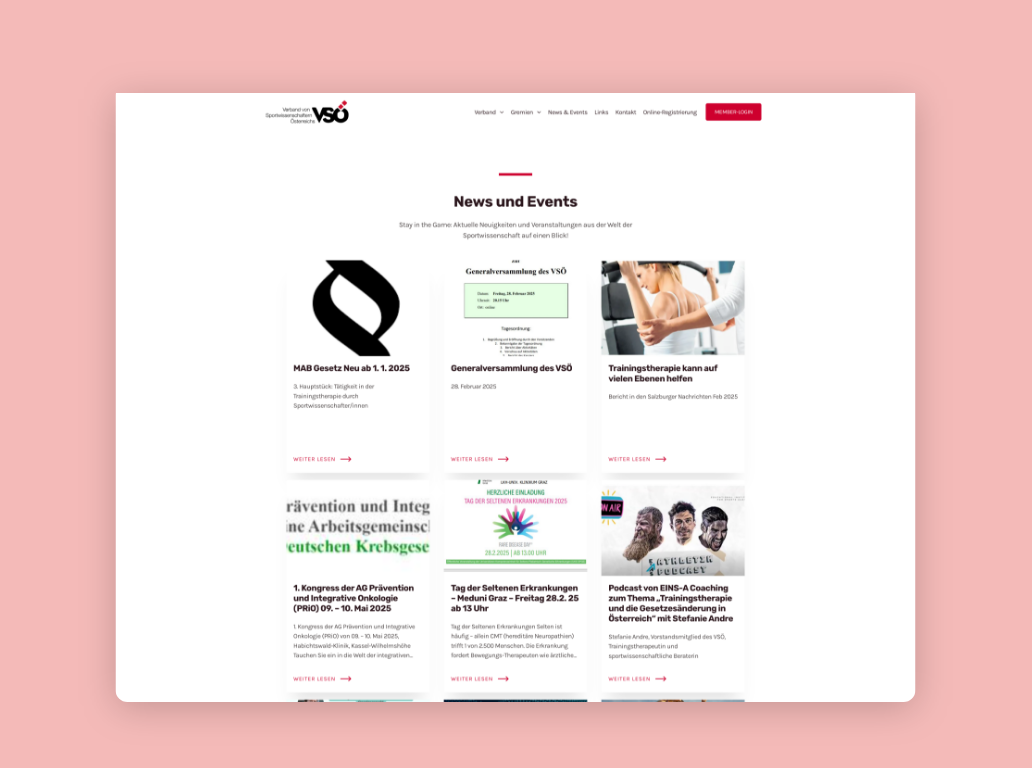 Desktop-Screenshot der News und aktuellen Themen des VSÖ – Sportwissenschaft.