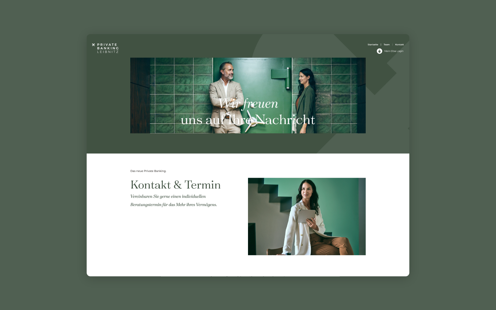 Desktop-Screenshot mit Kontaktinformationen und Terminvereinbarung.