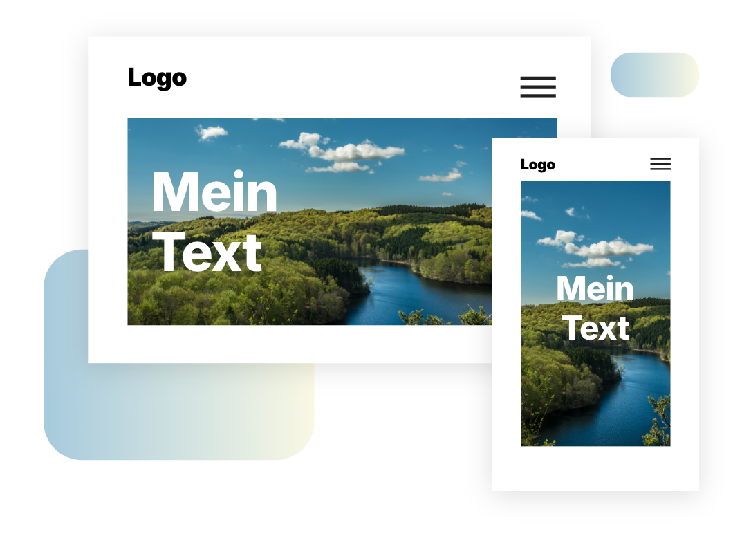 Ein abstrakter Desktop- und Smartphone-Screen mit einem Bild von Wald und Fluss.