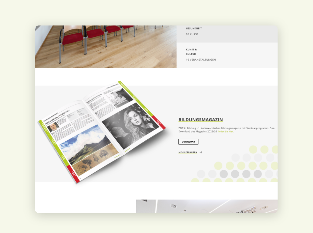 Desktop-Screenshot des Steiermarkhof-Magazins mit aktuellen Beiträgen und Informationen.