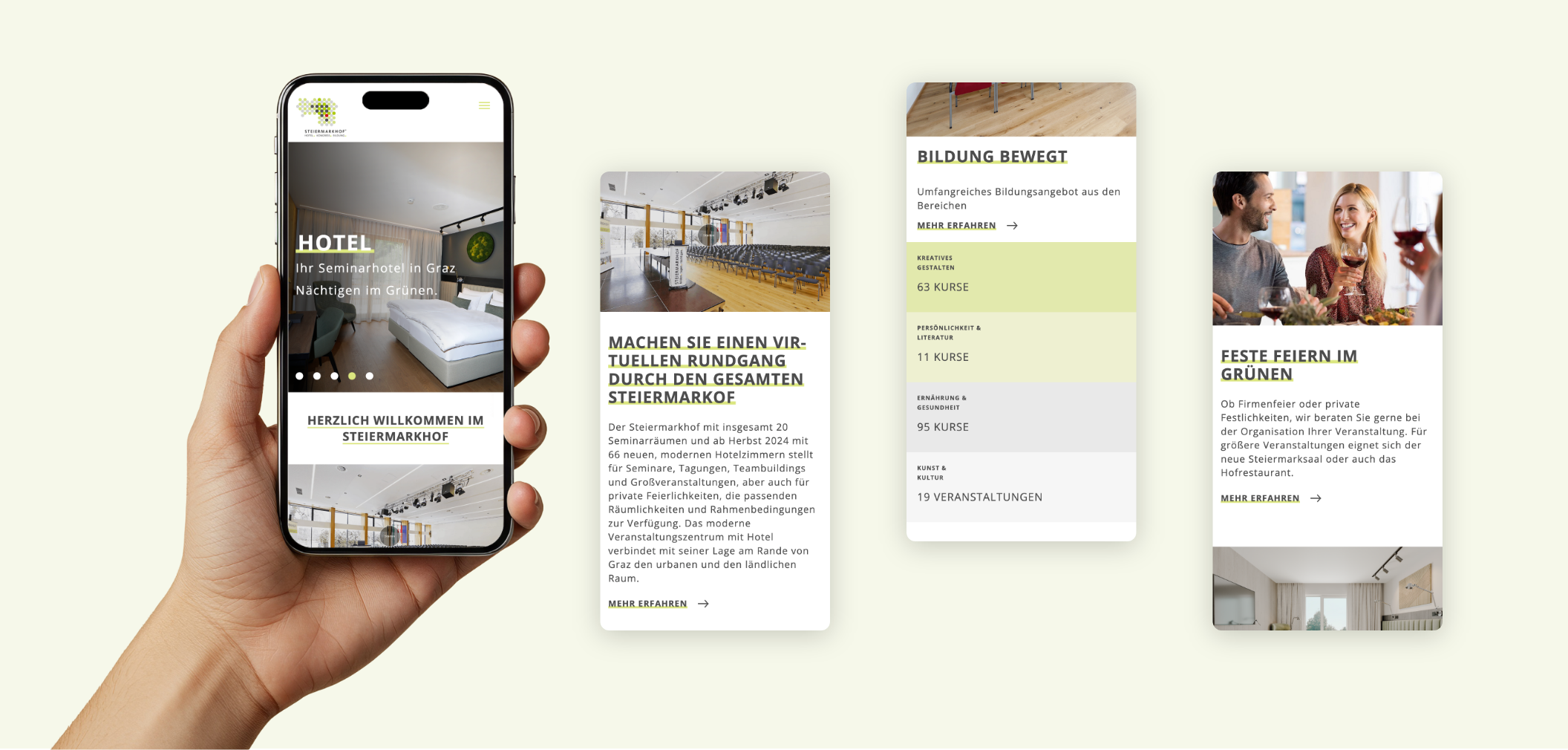 Vier Smartphone-Screenshots der Startseite des Steiermarkhofs mit Überblick über Leistungen und Seminarangebote.