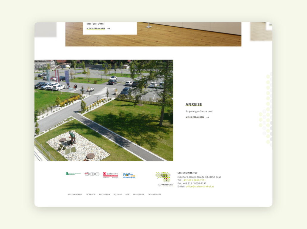 Desktop-Screenshot der Anreise-Seite des Steiermarkhofs mit Lageplan und Informationen zur Anfahrt.