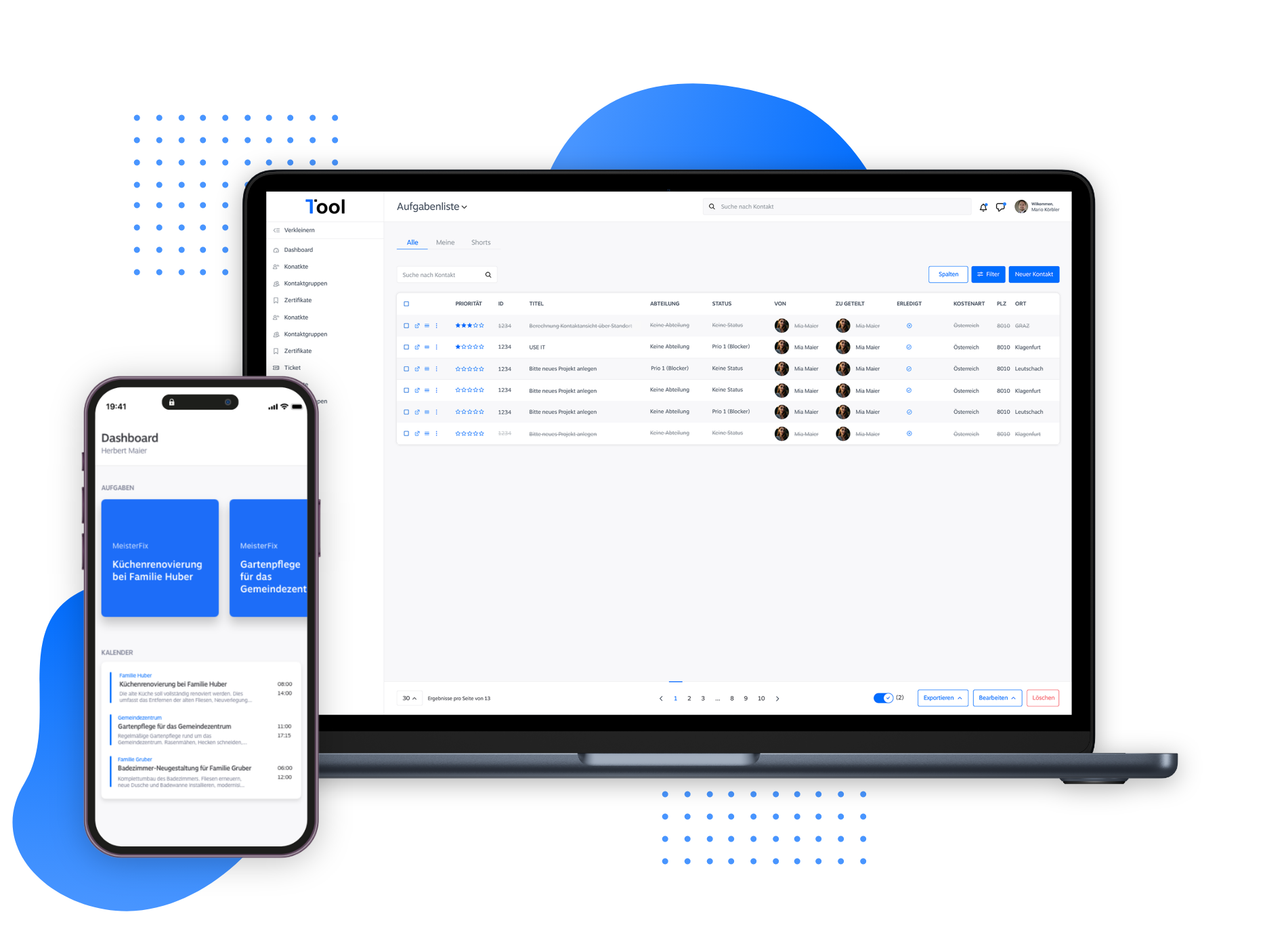 Eine Smartphone- und Desktop-Ansicht des 1Tool-CRM-Systems.