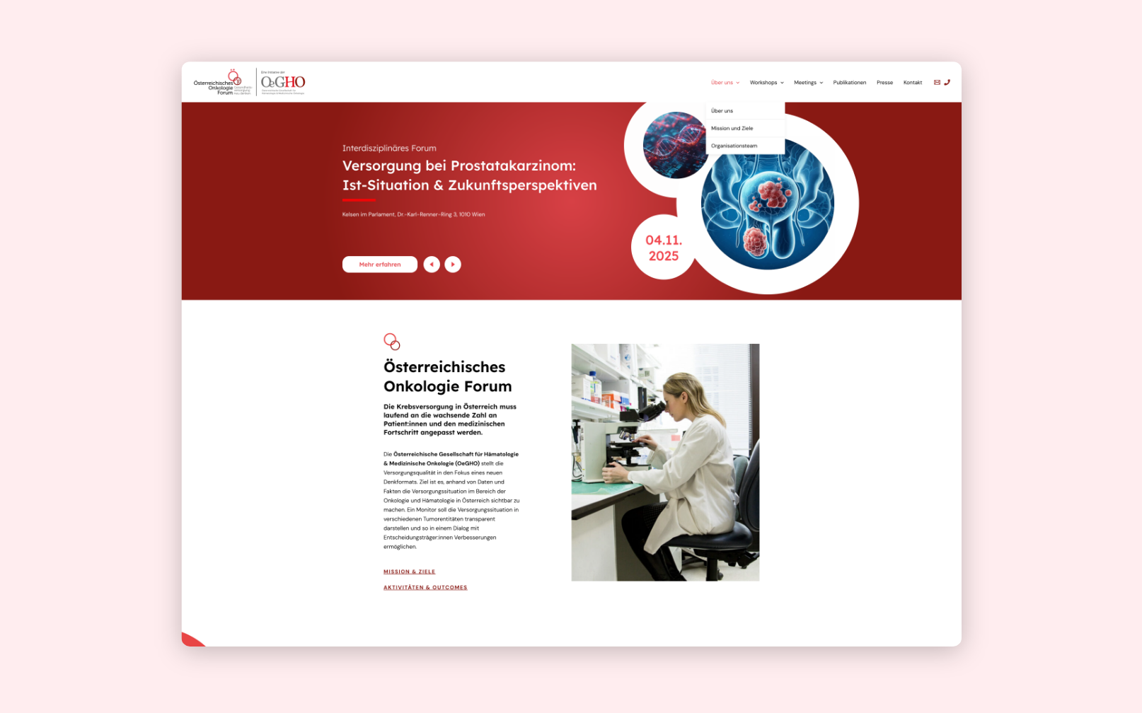 Desktop-Screenshot der Startseite mit der „Über uns“-Erklärung des Österreichischen Onkologie Forums.