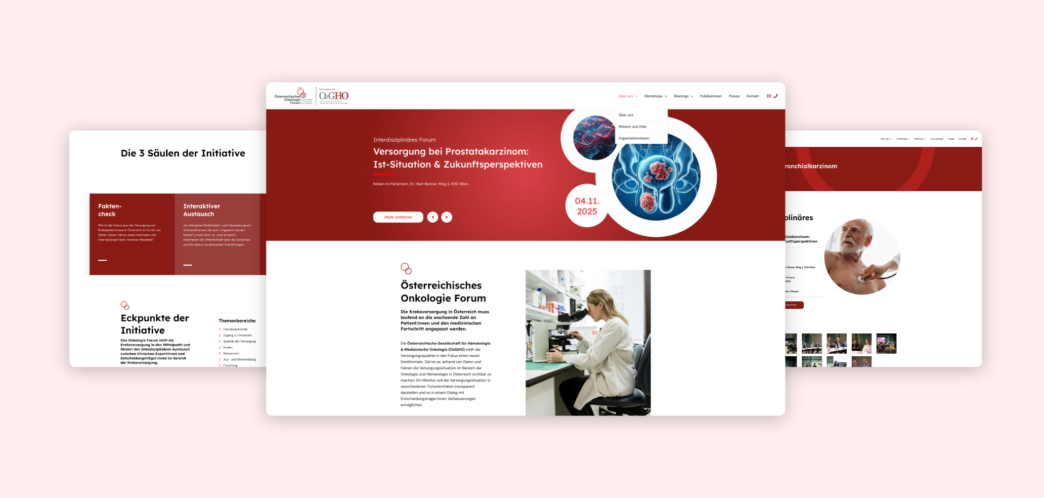 Drei Desktop-Screenshots der Startseite mit „Über uns“-Inhalten und Vorteilen des Österreichischen Onkologie Forums.