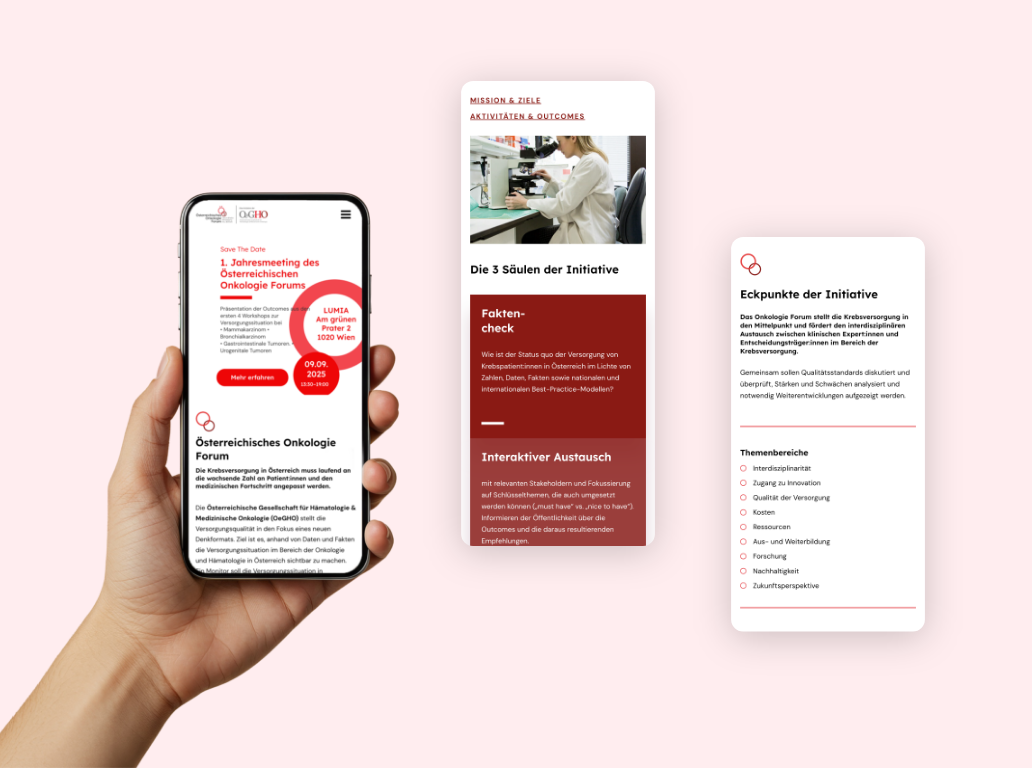 Drei Smartphone-Screenshots der Startseite mit Vorteilen des Österreichischen Onkologie Forums.