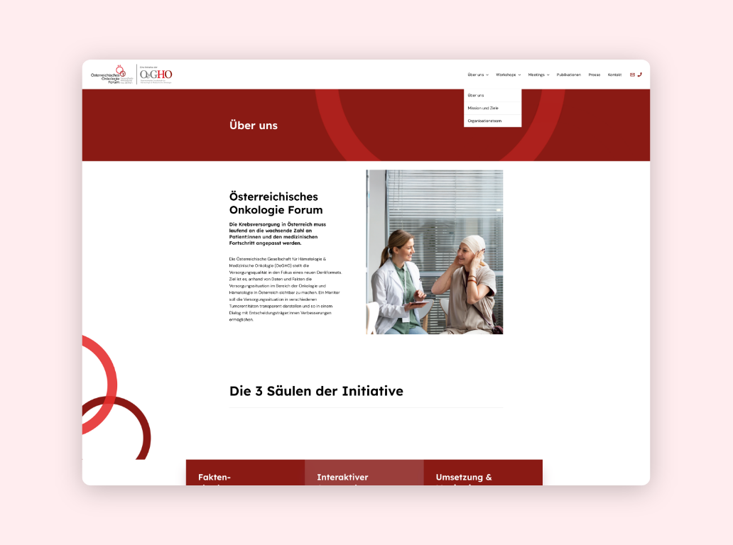 Desktop-Screenshot mit einer ausführlichen „Über uns“-Beschreibung des Österreichischen Onkologie Forums.