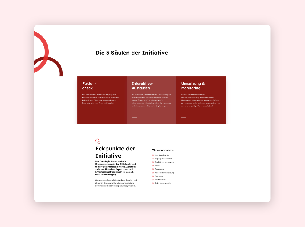 Desktop-Screenshot mit der Darstellung der drei Säulen der Initiative.