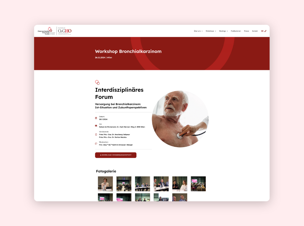 Desktop-Screenshot zum Thema Workshops des Österreichischen Onkologie Forums.