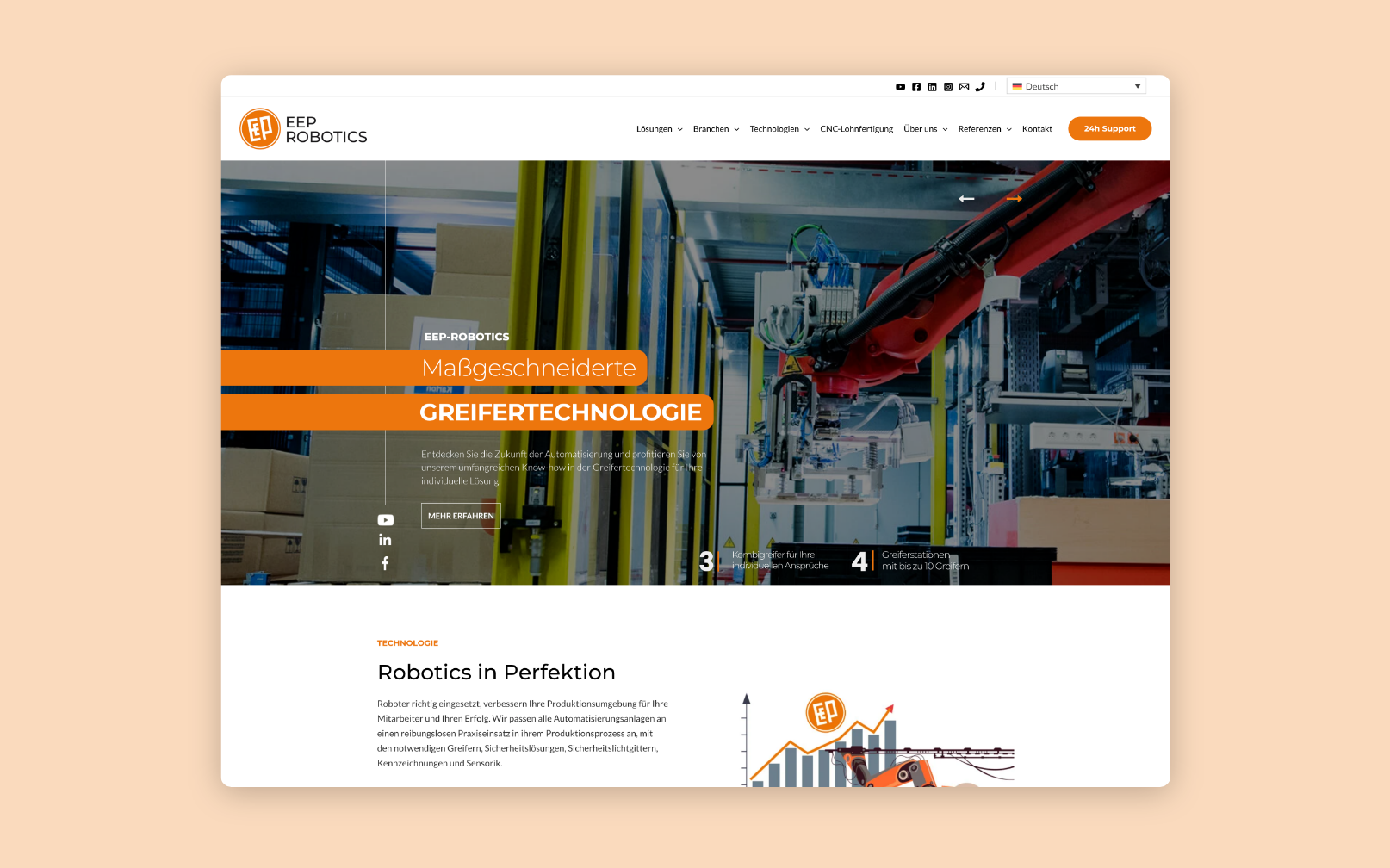 Desktop-Screenshot der Startseite von EEP Robotics mit Bild von Industrierobotern.