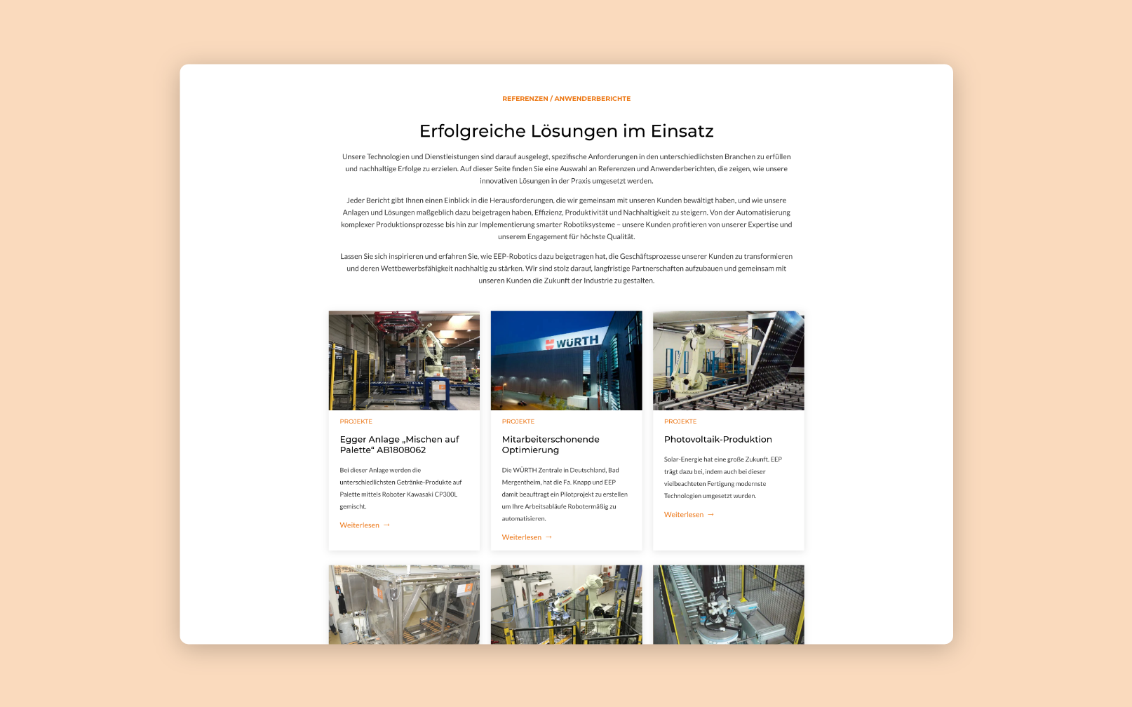 Desktop-Screenshot der Referenzen von EEP Robotics, als Blog aufbereitet.