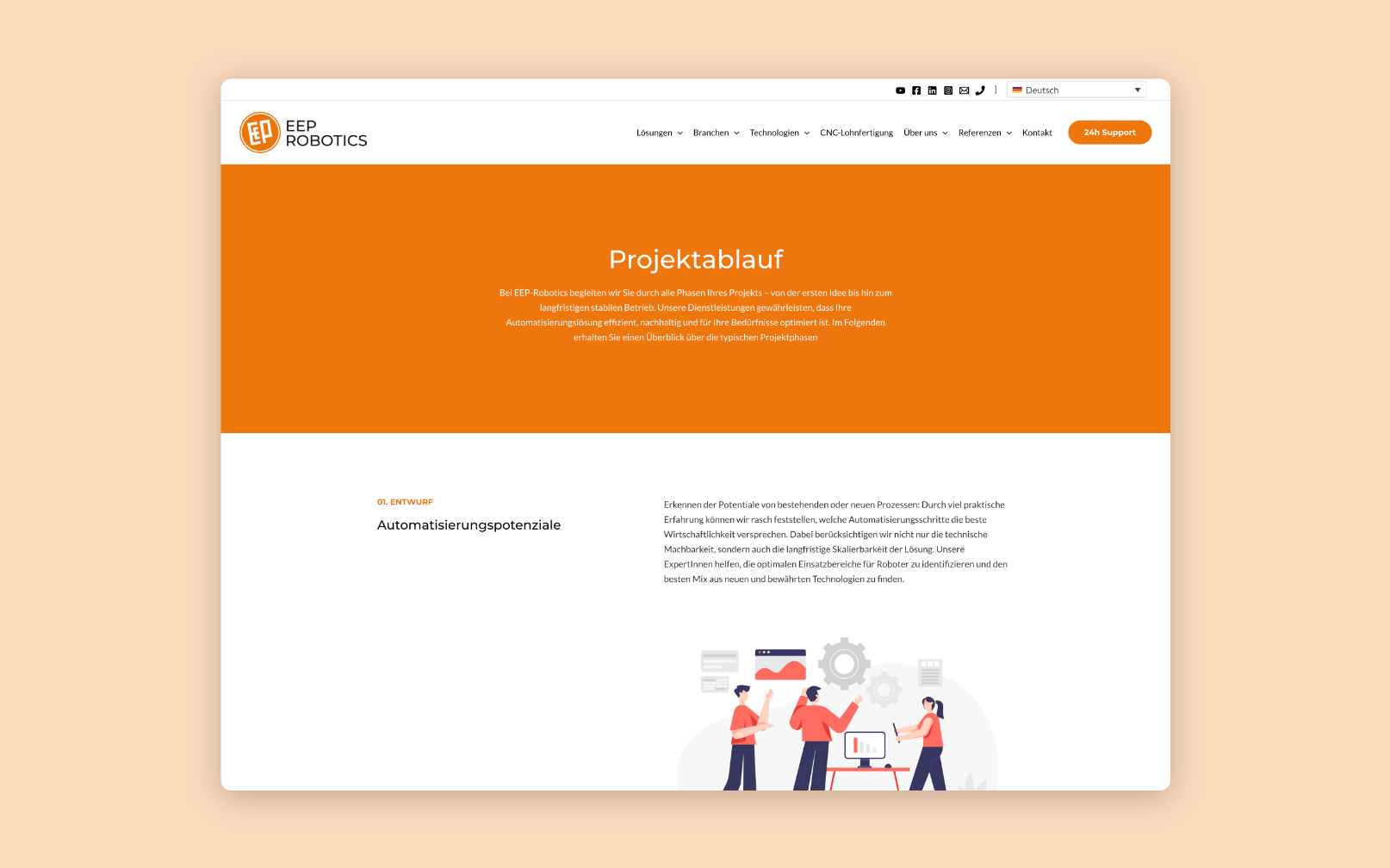 Desktop-Screenshot des Projektablaufs bei EEP Robotics.