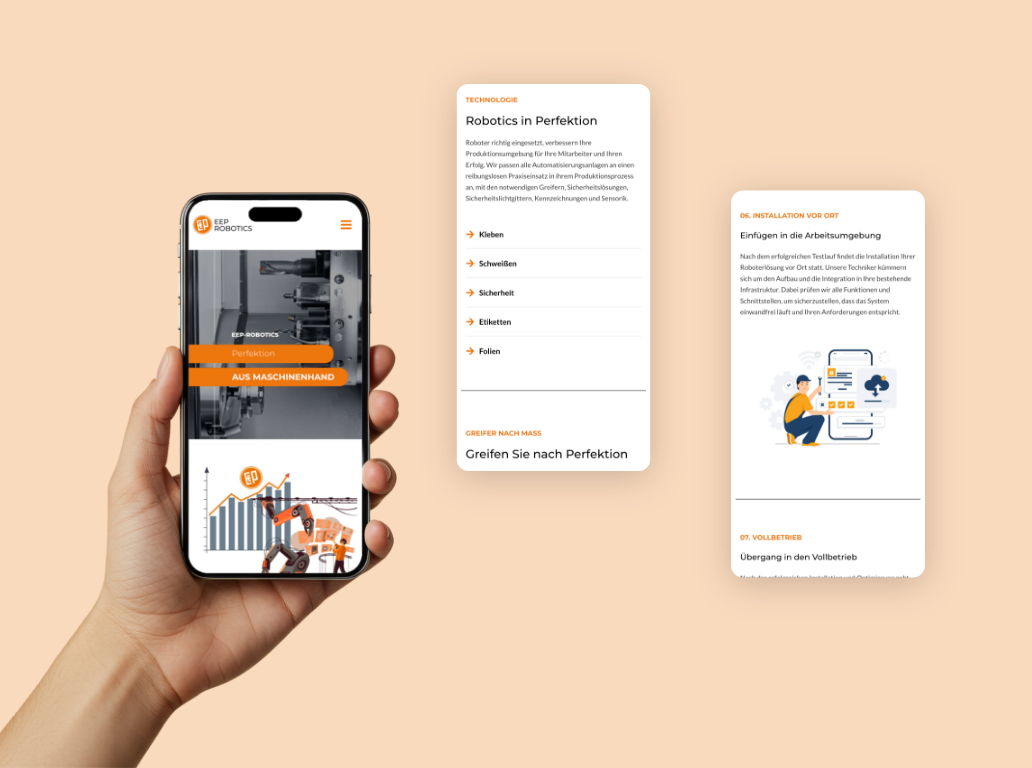 Drei Smartphone-Screenshots der Startseite mit Vorteilen von EEP Robotics.