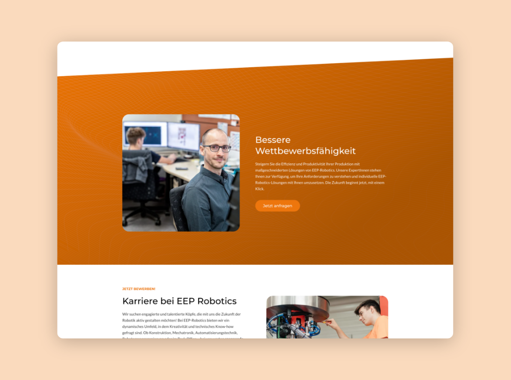 Desktop-Screenshot mit Call-to-Action zum Thema Wettbewerbsfähigkeit mit EEP Robotics.