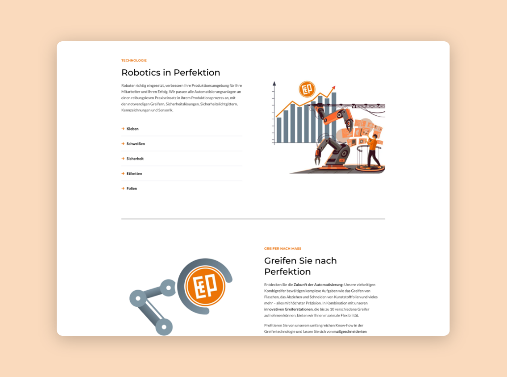 Desktop-Screenshot mit Illustrationen und erklärendem Text zu den Leistungen von EEP Robotics.