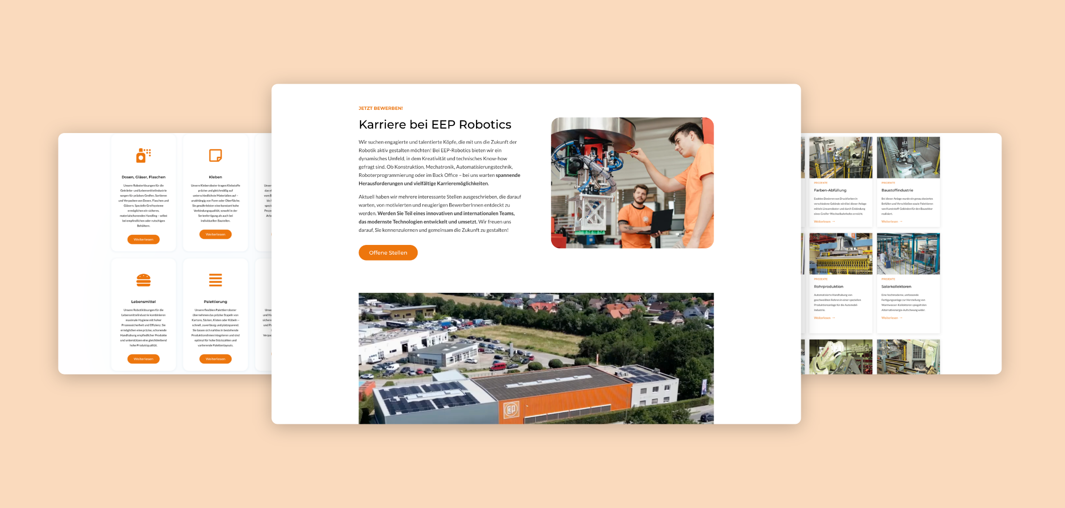 Drei Desktop-Screenshots zu Karriere, Leistungen und Vorteilen von EEP Robotics.