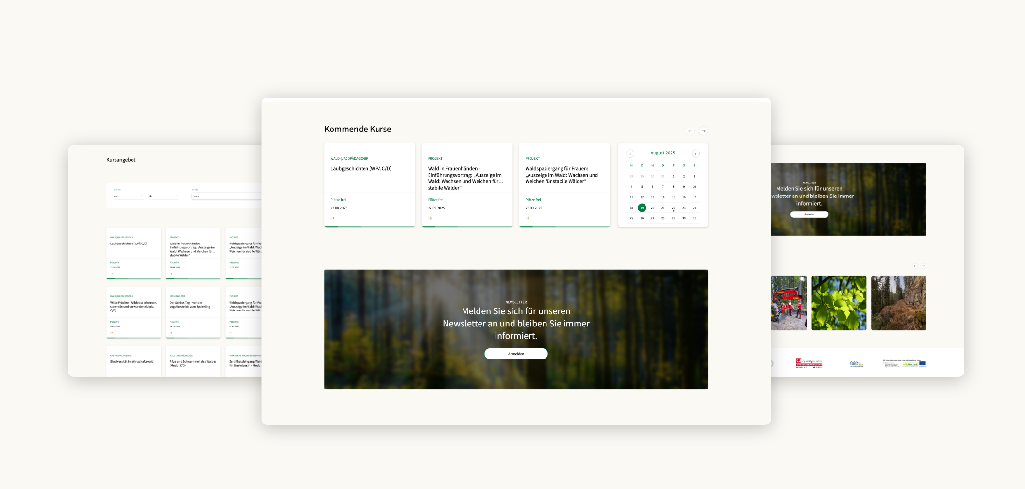 Drei Desktop-Screenshots der kommenden Fastpichl-Seminare mit Kalender- und Newsletter-Anmeldung.