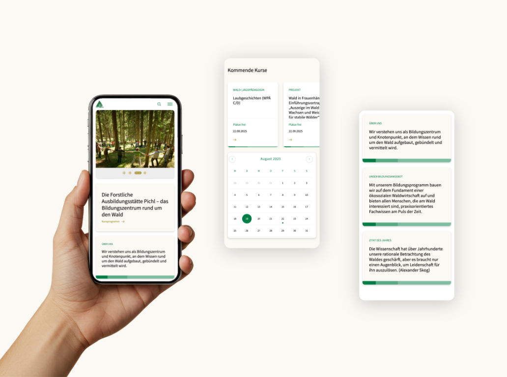 Drei Smartphone-Screenshots mit Seminaren von Fastpichl und integrierter Kalenderübersicht.