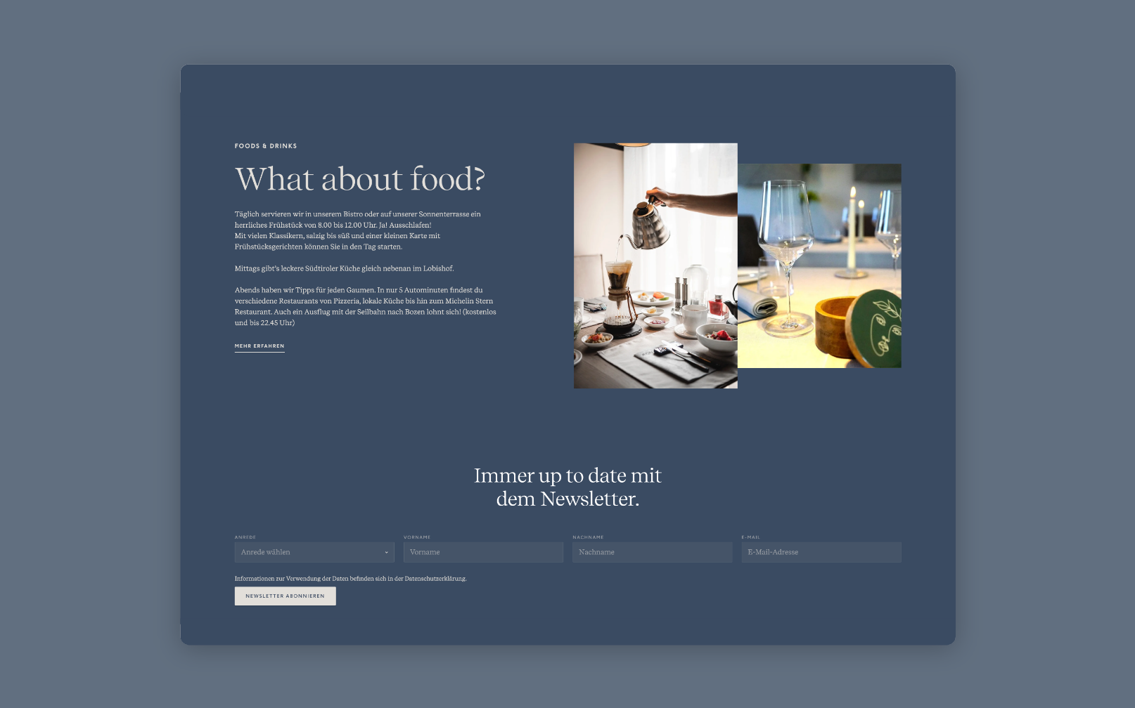 Desktop-Screenshot der Aeon-Wellnesshotel-Seite mit der Überschrift „What about Food“.