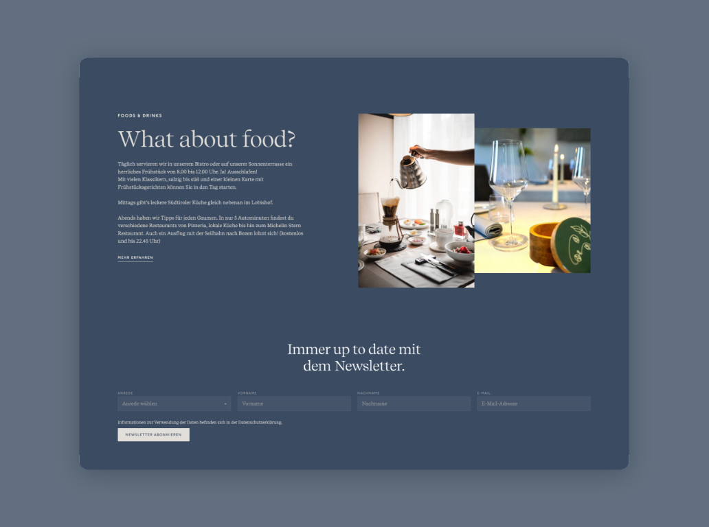 Desktop-Screenshot der Aeon-Wellnesshotel-Seite mit der Überschrift „What about Food“.
