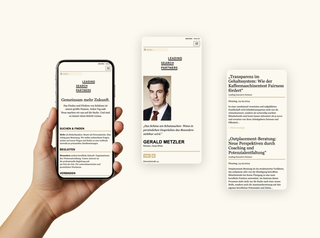 Drei Smartphone-Screenshots der Startseite mit Vorteilen sowie der Team-Seite von Leading Search Partners.