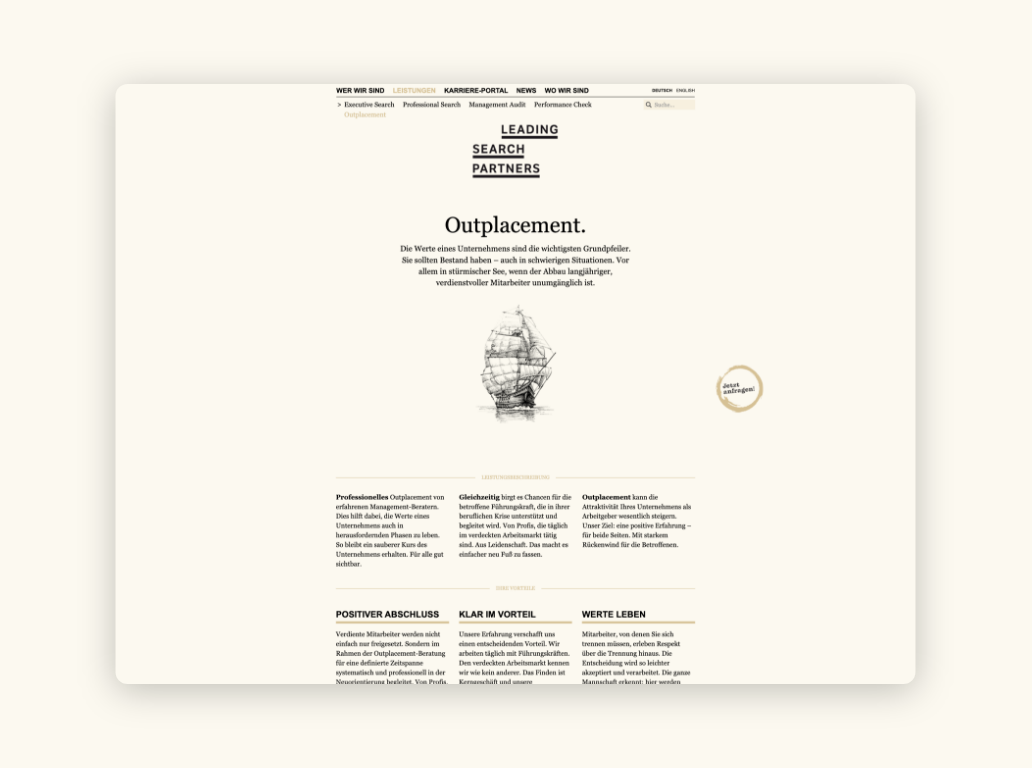 Desktop-Screenshot mit der Überschrift „Outplacement“ und der Illustration eines Segelschiffs.