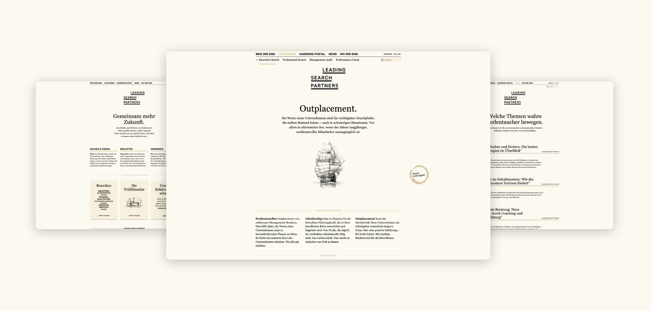 Drei Desktop-Screenshots unterschiedlicher Content-Seiten von Leading Search Partners.