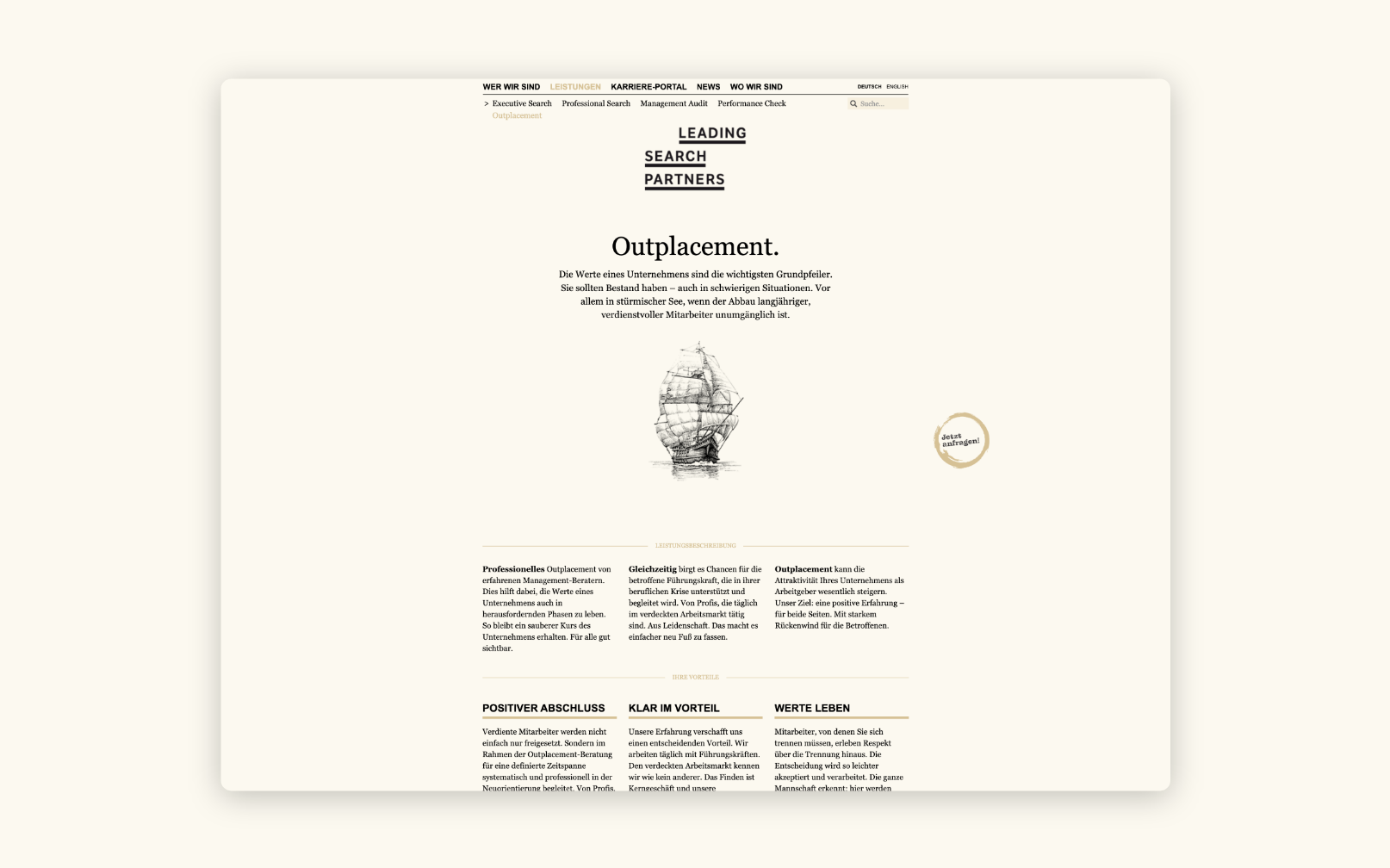 Desktop-Screenshot mit der Überschrift „Outplacement“ und der Illustration eines Segelschiffs.