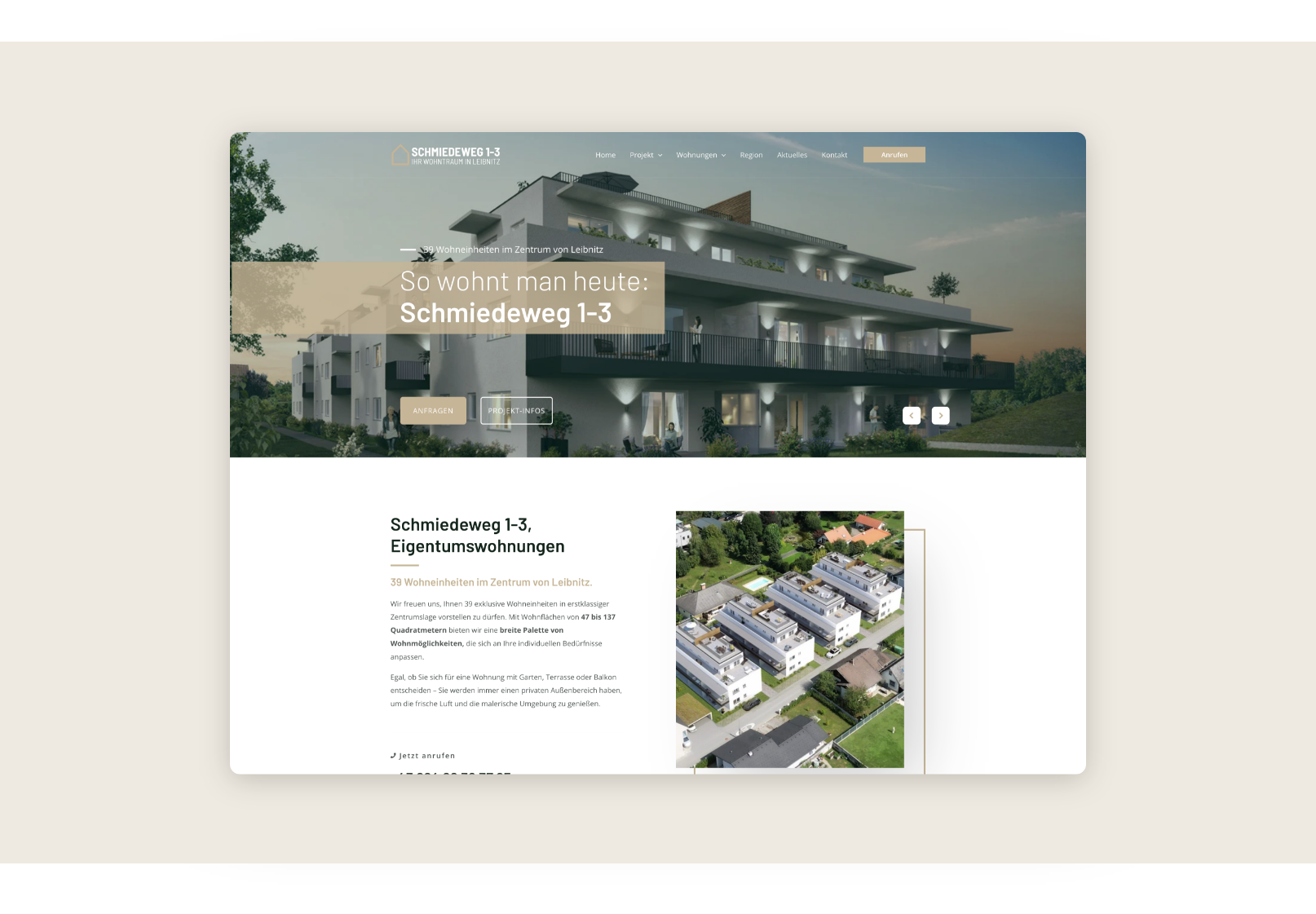 Desktop-Screenshot der Startseite mit einem Bild der Wohnsiedlung.