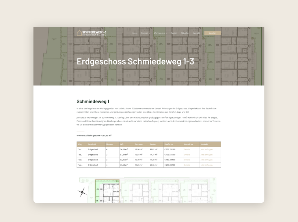Desktop-Screenshot mit detaillierter Erklärung, Wohnungsplan und Listenübersicht.