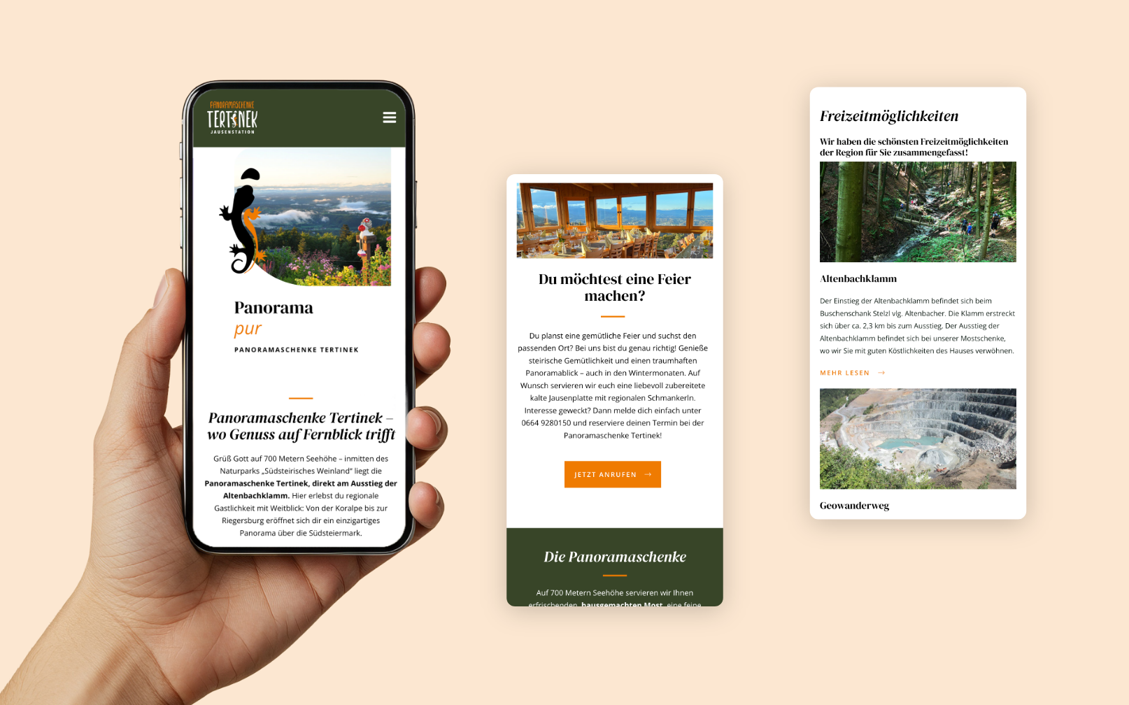 Drei Smartphone-Screens der Startseite mit Bildern der Panoramaschenke Tertinek.