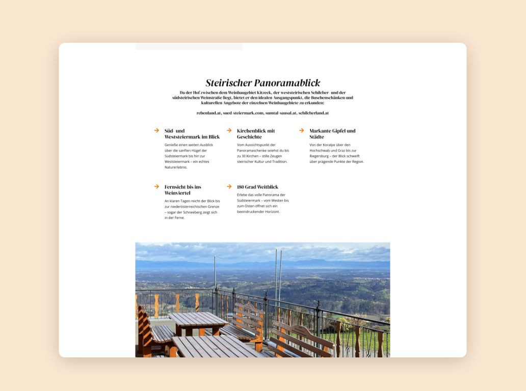 Desktop-Screenshot zu den Vorteilen der Panoramaschenke Tertinek.