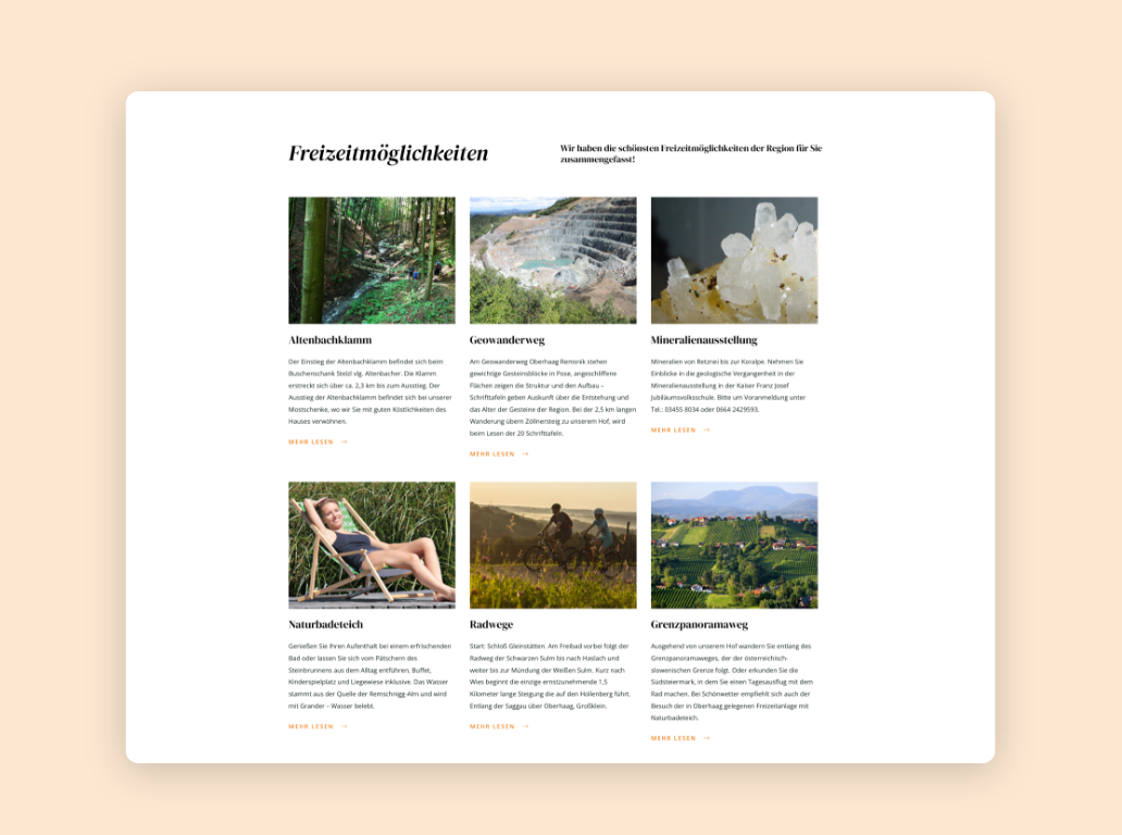 Desktop-Screenshot der Freizeitmöglichkeiten im Gebiet der Panoramaschenke Tertinek.