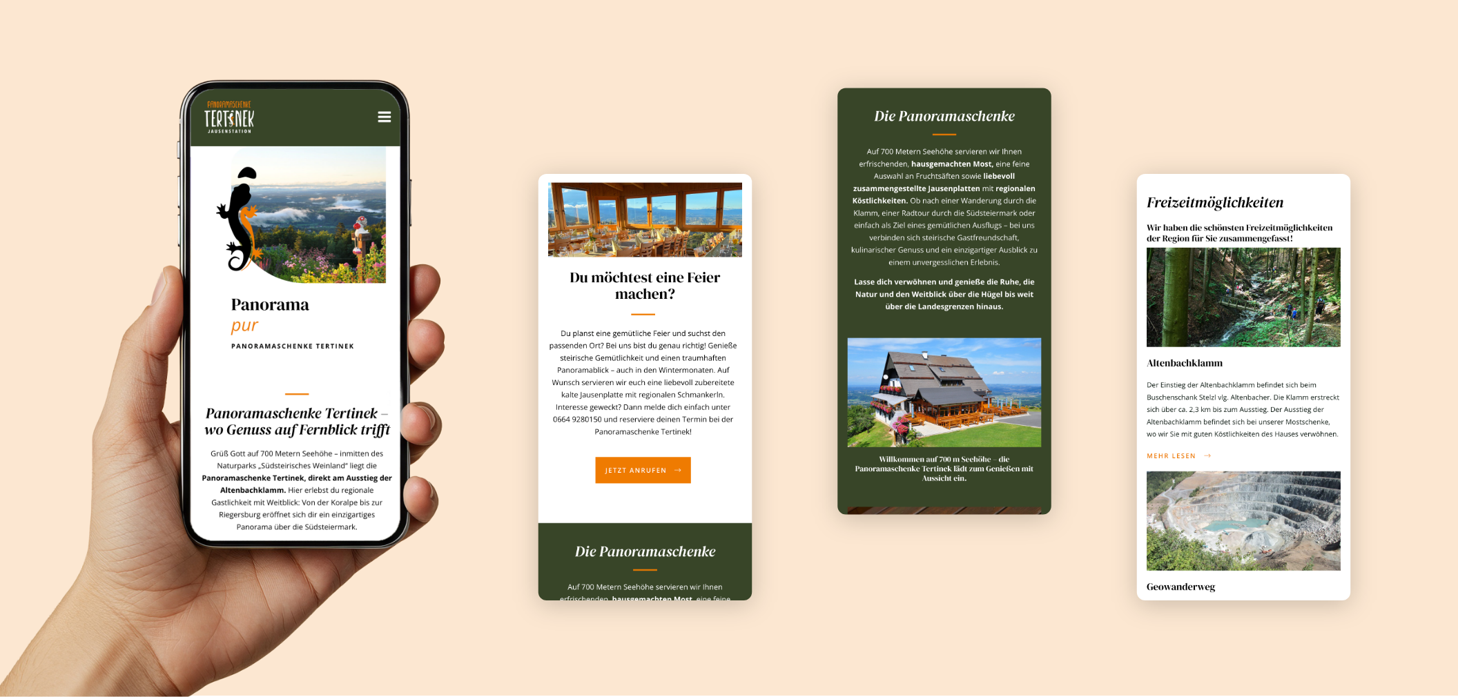 Vier Smartphone-Screens der Startseite mit Bildern der Panoramaschenke Tertinek.