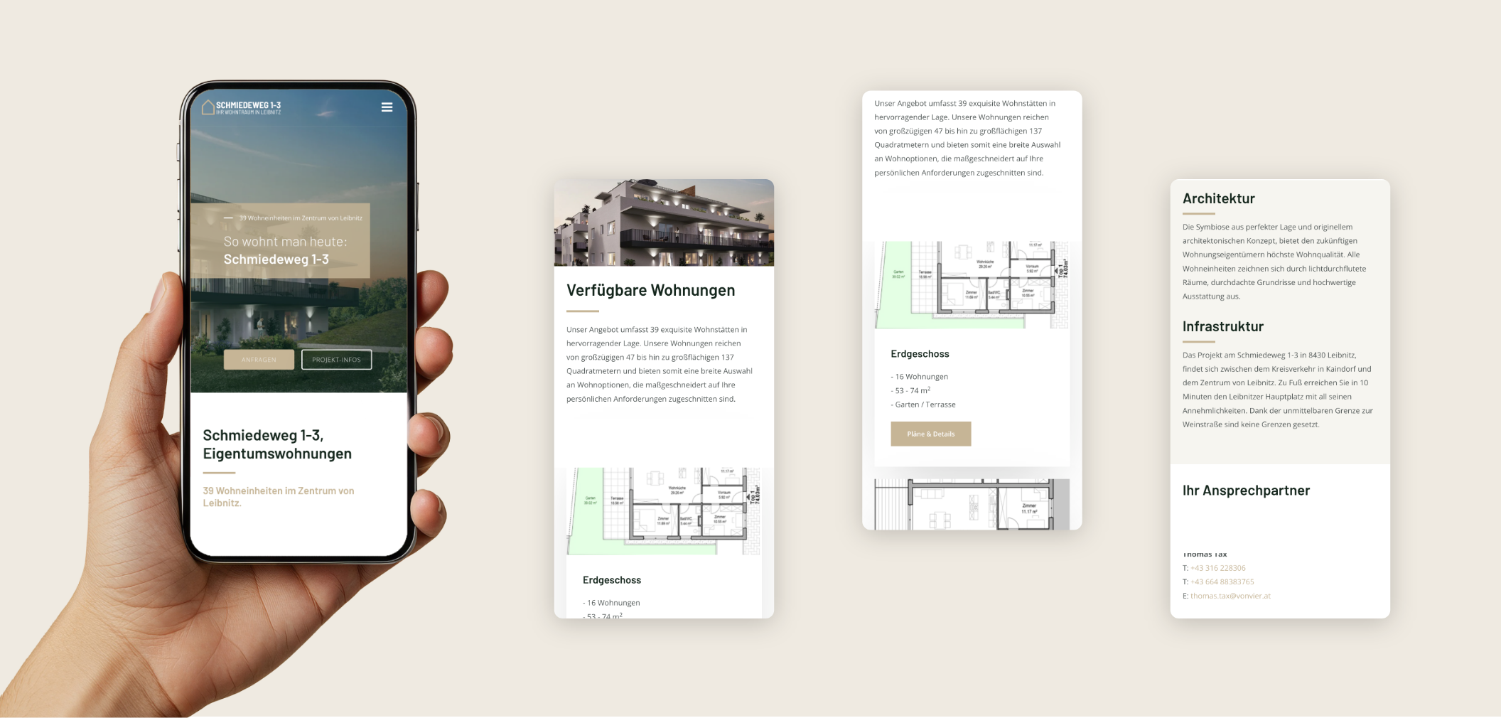 Vier Smartphone-Screens von Schmiedeweg mit Wohnungsplänen.