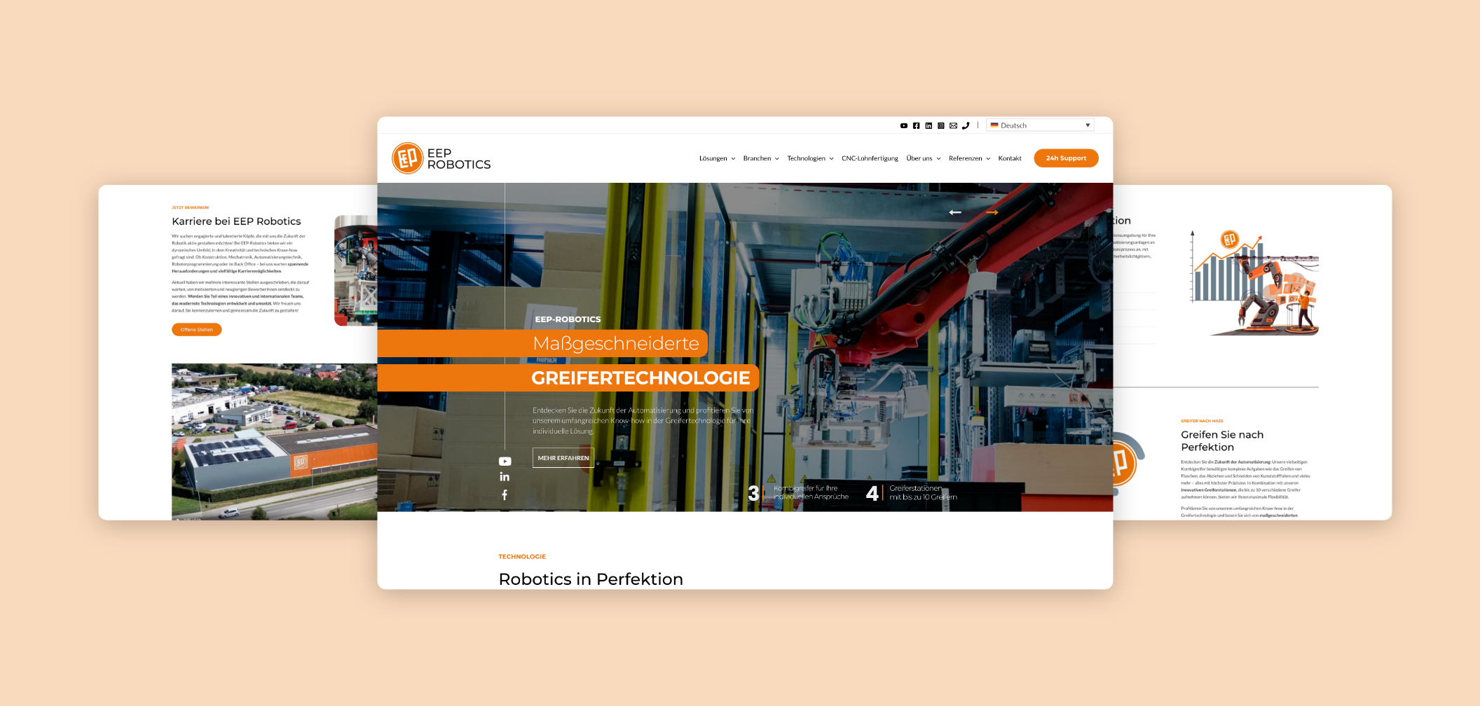 Drei Desktop-Screenshot der Startseite von EEP Robotics mit Bild von Industrierobotern.