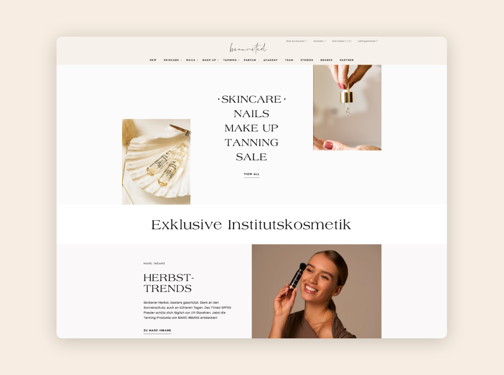 Desktop-Screens der Startseite mit Header-Bereich, Bildern und Text.