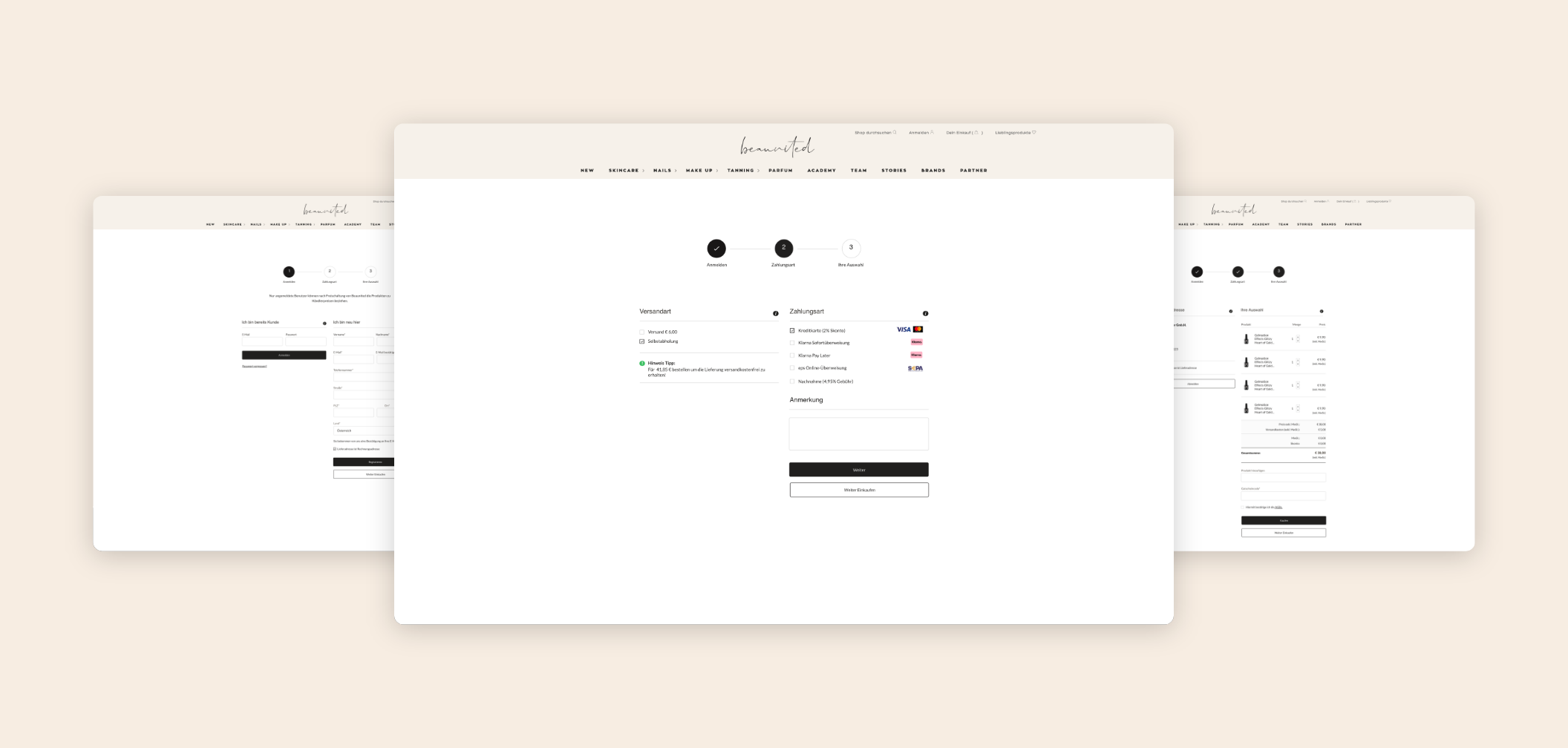 Drei Desktop-Screens des Checkouts im Beaunited Onlineshop.
