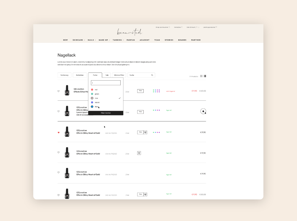 Desktop-Screens mit einer klassischen Produktlistenansicht.