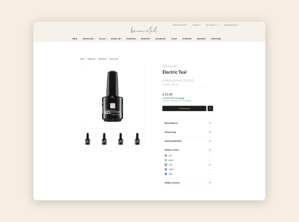 Desktop-Screens einer Produktdetailseite mit Farbauswahl.