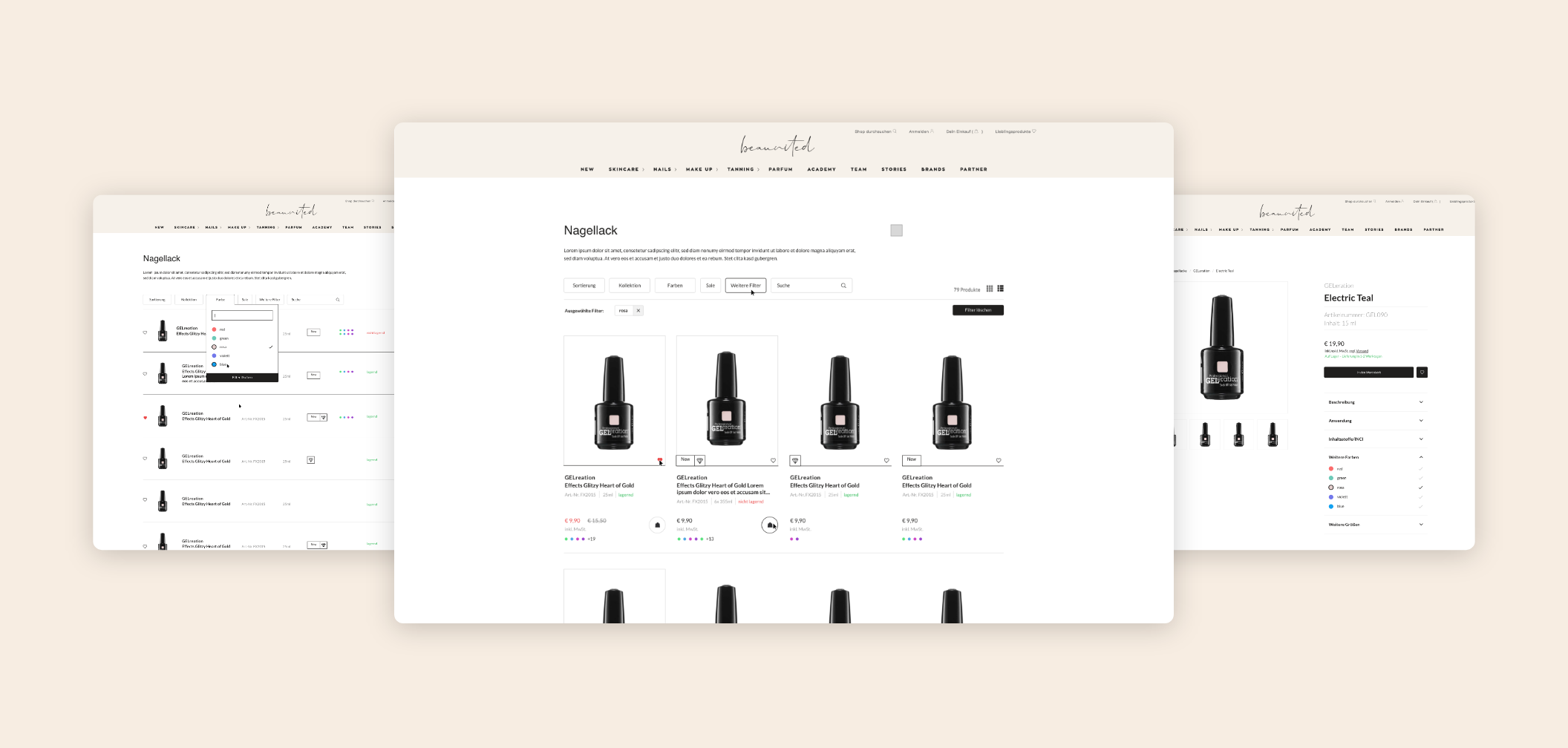Drei Desktop-Screens des Beaunited Onlineshops mit Nagellacken und Filterauswahl.