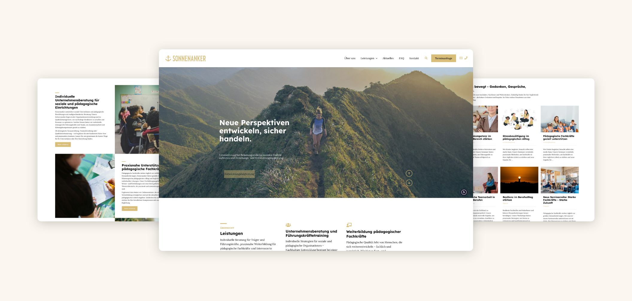 Drei Desktop-Screens mit dem Header der Startseite und Vorteilen.