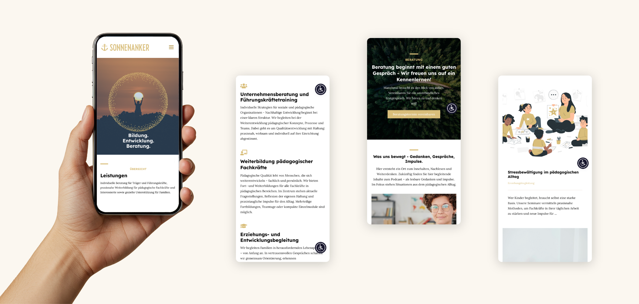 Smartphone-Screens der Startseite mit Vorteilen und verschiedenen Themen.