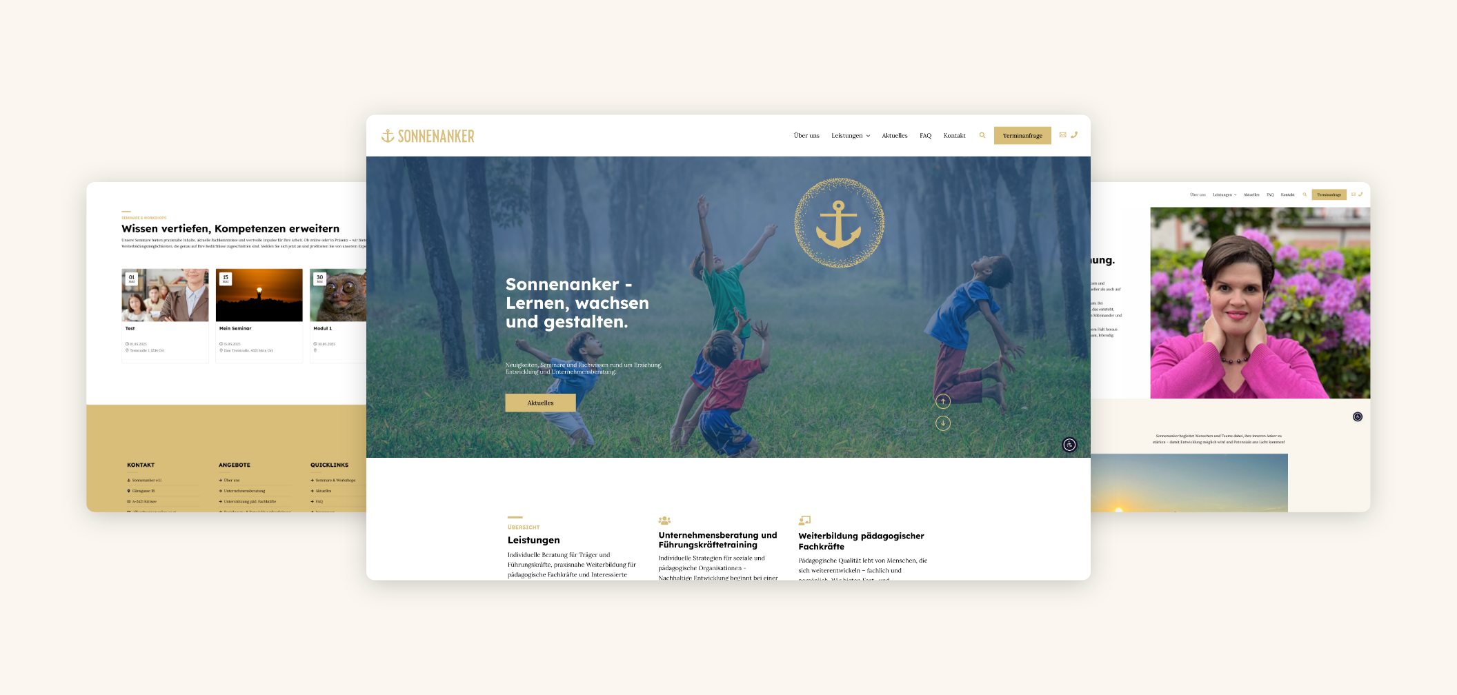 Drei Desktop-Screens mit dem Header der Startseite und Vorteilen.