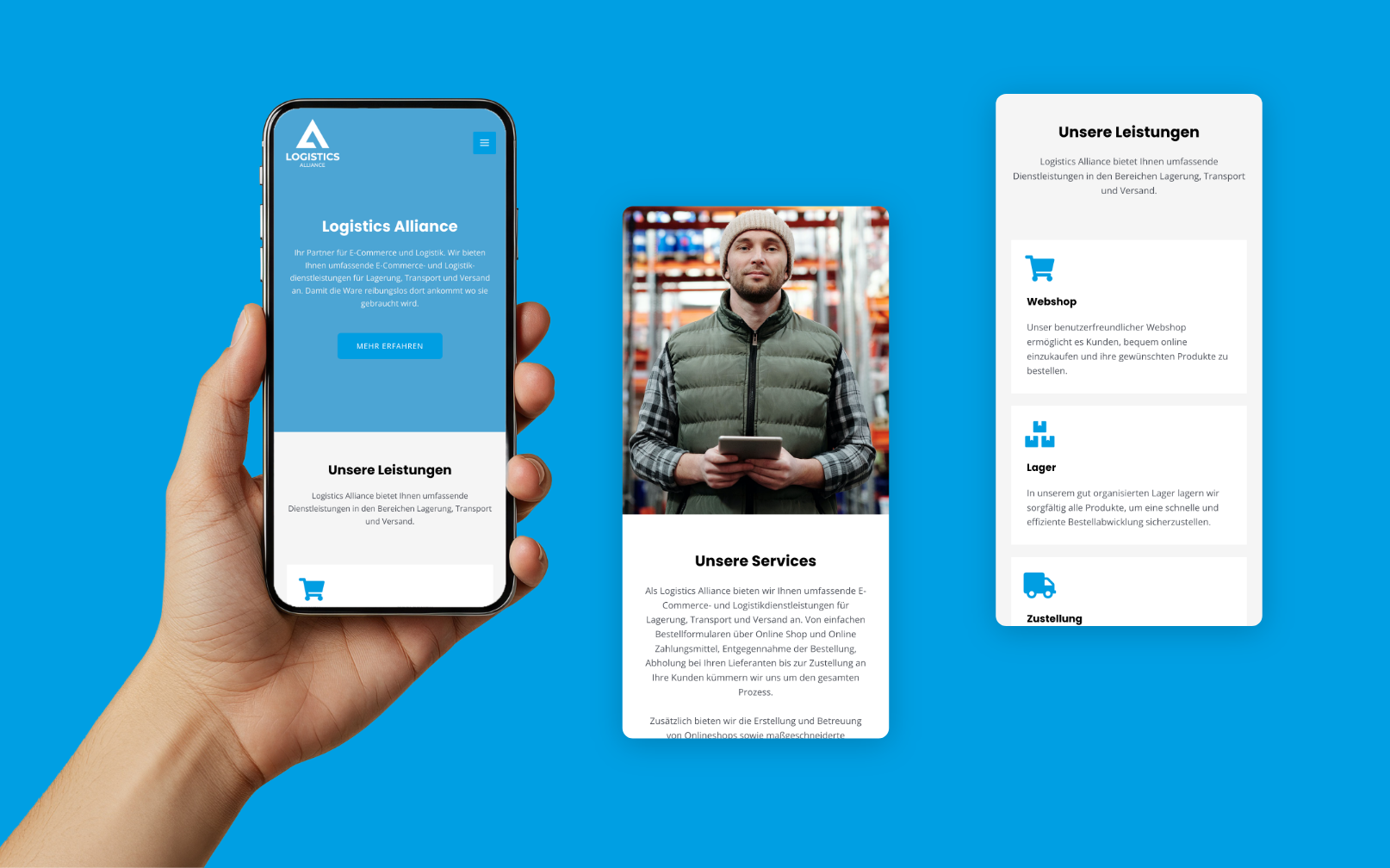 Drei Smartphone-Screens der Startseite mit Bild, Text und Leistungsübersicht.