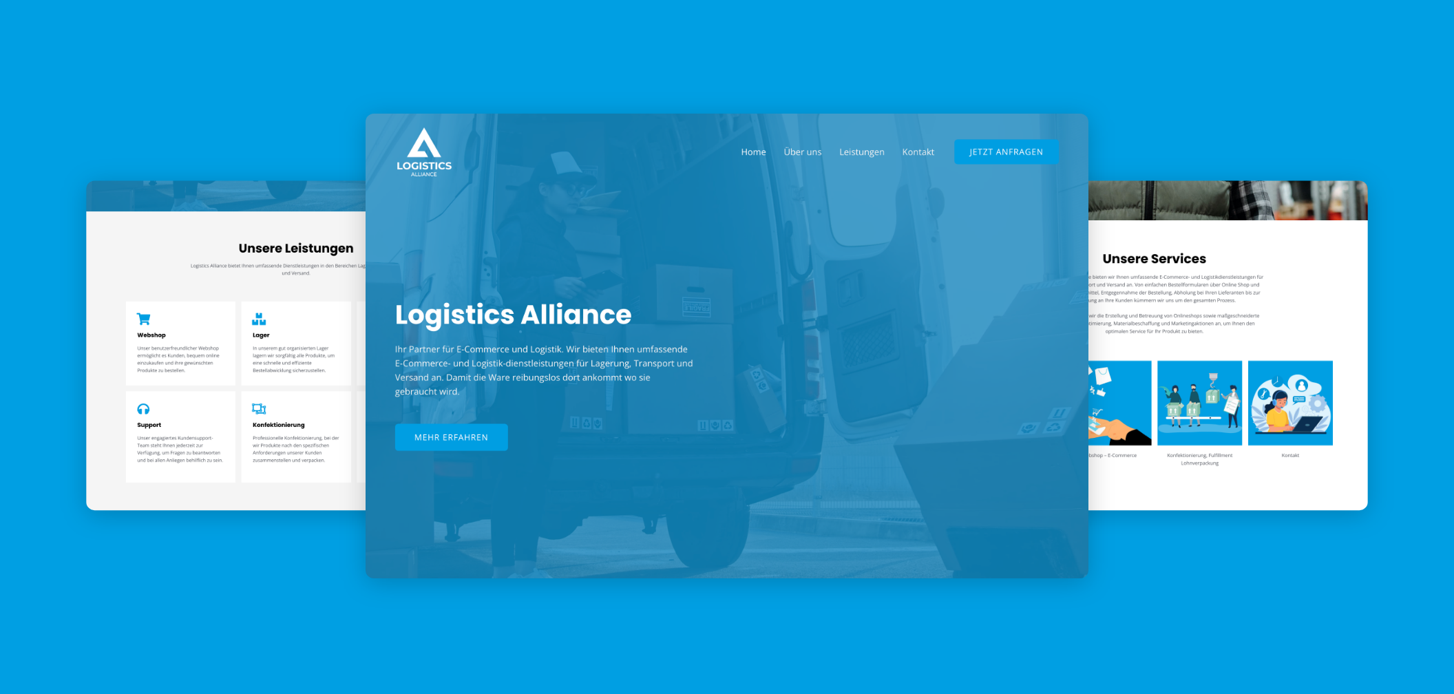 Desktop-Screenshot der Startseite mit Video und Text im Hintergrund zwei weitere Screens mit Vorteilen und Services.