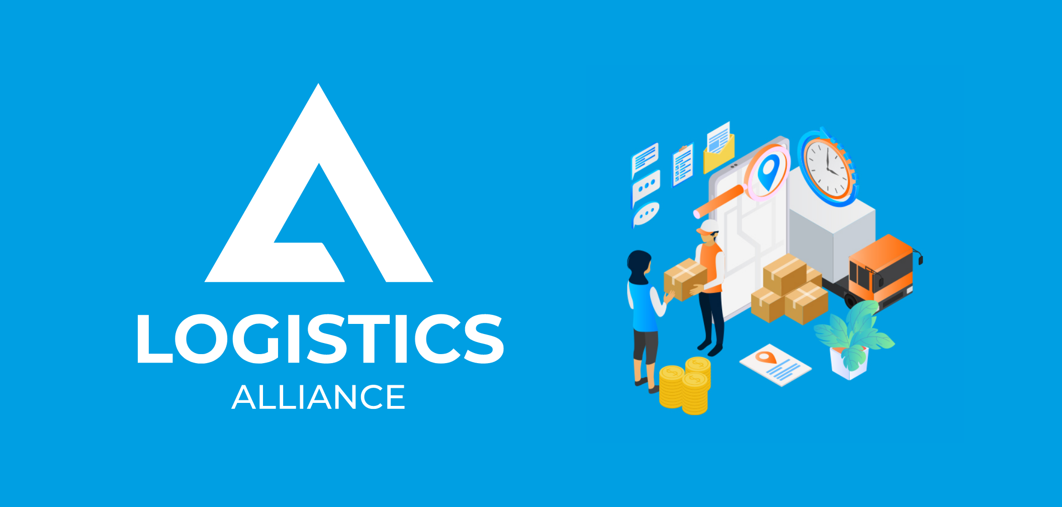 Logistics Alliance Logo auf blauem Hintergrund mit Illustration, wie ein Paket an eine Person übergeben wird.