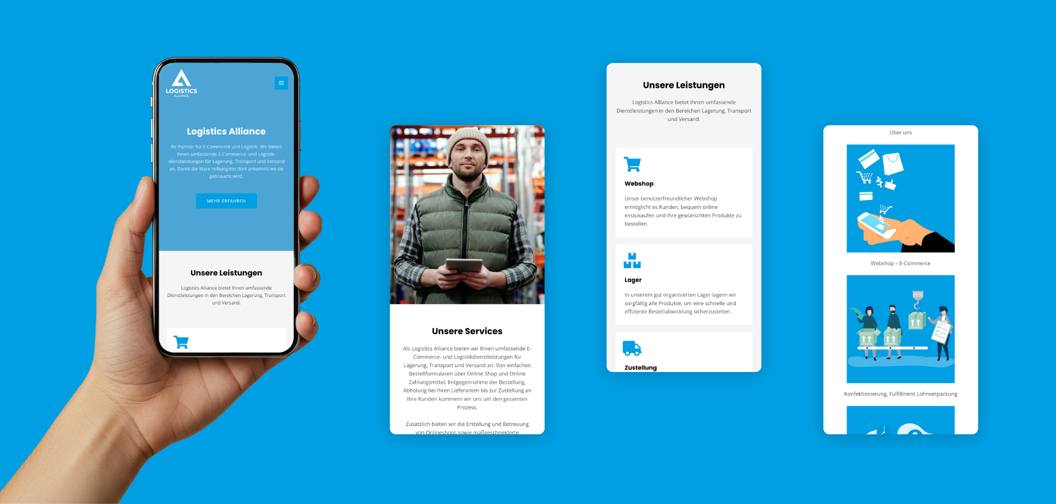 Vier Smartphone-Screens der Startseite mit Bild, Text, „Über mich“ und dem Leistungsangebot.
